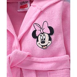Babyhug Disney Terry Woven Full Sleeve Hooded Bath Robe With Minnie Mouse Graphic & 3D Applique - Pink