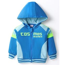 Babyhug Cotton Knit Full Sleeves Hooded Sweat Jacket With Text Print - Blue