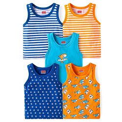 Babyhug 100% Cotton Knit Sleeveless Antibacterial Sando Striped Star & Shark Print Pack of 5 - Navy Orange & White