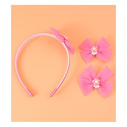 Babyhug Headband & Clips  Combo Set Free Size with Bow Applique - Fuchsia