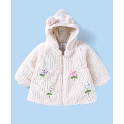 Babyhug Fur Woven Full Sleeves Hooded Winter Jacket with Floral Applique - White
