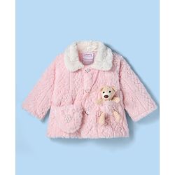Babyhug Fur Woven Full Sleeves Winter Jacket with Bear Applique - Pink