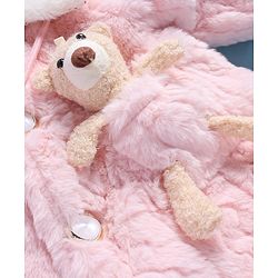 Babyhug Fur Woven Full Sleeves Winter Jacket with Bear Applique - Pink