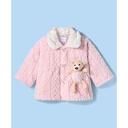Babyhug Fur Woven Full Sleeves Winter Jacket with Bear Applique - Pink