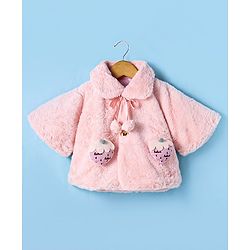 Babyhug Woven Half  Sleeves  Sweatjacket With Fur Detailing & Strawberry Applique - Pink
