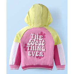 Babyhug Terry Knit Full Sleeves Hooded Sweatjacket & Joggers Set with Text Print & Kangaroo Pockets - Pink