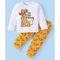 Babyhug Disney Single Jersey Knit Full Sleeves Night Suit with The Lion King Graphics - White & Yellow