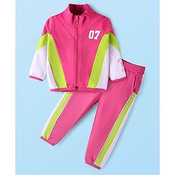 Babyhug Terry Knit Full Sleeves Sweatjacket & Lounge Pant Set With Cut & Sew Design - Dark Pink