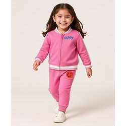 Babyhug Terry Knit Full Sleeves Text Print Zipper Jacket & Jogger Set - Pink