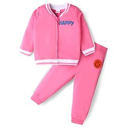 Babyhug Terry Knit Full Sleeves Text Print Zipper Jacket & Jogger Set - Pink