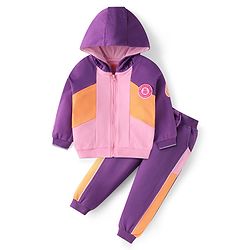 Babyhug Terry Knit Full Sleeveless Cut & Sew Hooded Sweatjacket & Joggers Set with Text Patch - Purple