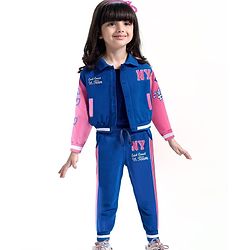 Babyhug Terry Knit Full Sleeves Bomber Jacket & Lounge Pant Set With Text Print - Blue & Pink