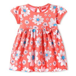 Babyhug Cotton Knit Half Sleeves Frock With Floral Print & Bow Applique - Coral