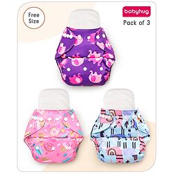 Babyhug Reusable Cloth Diaper With Insert Elephants Icecream & Deer Prints Pack  of 3 - Purple Blue Pink