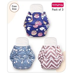 Babyhug Reusable Cloth Diaper With Insert Elephants Icecream & Deer Prints Pack  of 3 - Purple Blue Pink