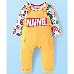Babyhug Marvel  Single Jersey Knit Full Sleeves T-shirt With Dungaree Avengers Graphic - Yellow