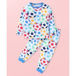 Babyhug Cotton Knit Full Sleeves Night Suit With Footballs Print - White
