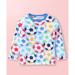 Babyhug Cotton Knit Full Sleeves Night Suit With Footballs Print - White