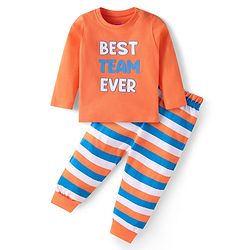 Babyhug Cotton Knit Full Sleeves Striped & Text Printed Night Suit - Orange