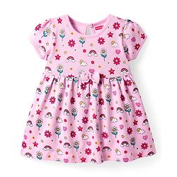 Babyhug Interlock Knit Half Sleeves Frock With Floral Print & Bow Applique - Pink