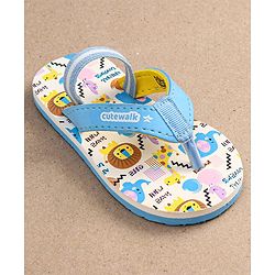 Cute Walk by Babyhug Flip Flops with Animal Print & Velcro Closure - Light Blue