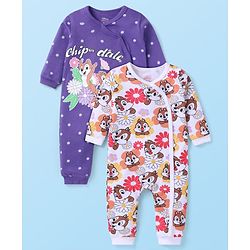 Babyhug Disney Interlock Knit Full Sleeves Front Open Romper with Chip & Dale Print Pack of  2  - Purple & White