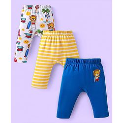 Babyhug Cotton Knit Full Length Diaper Leggings With Lion & Nautical Theme Print Pack of 3 - Blue White & Yellow