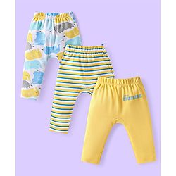 Babyhug Cotton Knit Full Length Diaper Leggings with Elephant Print & Stripes Pack of 3 - Yellow & White