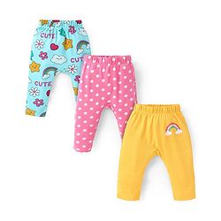 Babyhug Interlock Full Length Diaper Leggings With Floral & Polka Dots Print Pack Of 3 - Blue Pink & Yellow