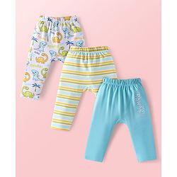 Babyhug Interlock Knit Full Length Diaper Leggings Dino Print Pack of 3 - Light Blue White & Green