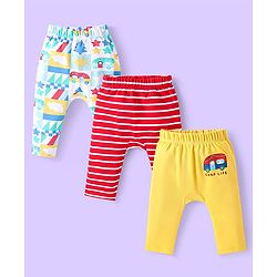 Babyhug Cotton Knit Full Length Diaper Leggings With Stripes & Vehicle Print Pack Of 3 - Red & Yellow