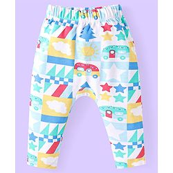 Babyhug Cotton Knit Full Length Diaper Leggings With Stripes & Vehicle Print Pack Of 3 - Red & Yellow