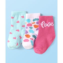 Cute Walk By Babyhug Anti-Bacterial Ankle Length Socks With Text & Heart Design Pack Of 3 - Pink & Light Blue