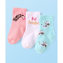 Cute Walk By Babyhug Anti-Bacterial Ankle Length Socks With Text & Aminal Design Pack Of 3 - Pink & Light Blue