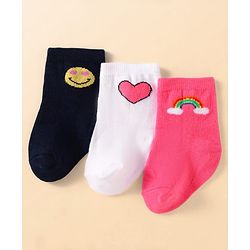 Cute Walk by Babyhug Knit Ankle Length Socks With Heart Design Pack of 3 - Dark Pink Black & White