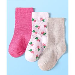 Cute Walk by Babyhug Anti-Bacterial Ankle Length Socks with Solid & Floral Design Pack of 3 - Dark Pink White & Grey