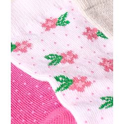 Cute Walk by Babyhug Anti-Bacterial Ankle Length Socks with Solid & Floral Design Pack of 3 - Dark Pink White & Grey