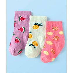 Cute Walk by Babyhug Knit Ankle Length Socks With Fruit Design Pack of 3 - Purple White & Dark Pink