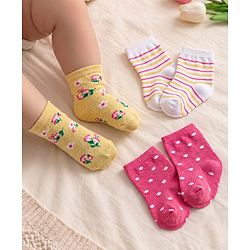 Cute Walk By Babyhug Anti-Bacterial Ankle Length Pack of 3 With Floral Stripe & Polka Dot Print - White Pink & Yellow