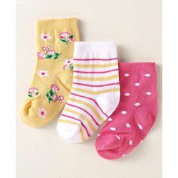 Cute Walk By Babyhug Anti-Bacterial Ankle Length Pack of 3 With Floral Stripe & Polka Dot Print - White Pink & Yellow