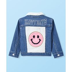 Babyhug Denim Washed Full Sleeves Jackets With Pockets  & Smiley Embroidery In Back - Navy Blue