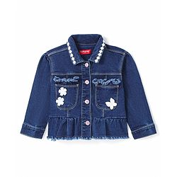 Babyhug Denim Washed Full Sleeves Jacket With Pockets & Floral Applique - Navy Blue