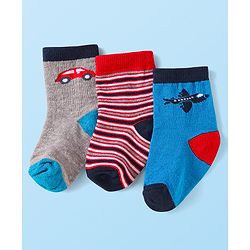 Cute Walk by Babyhug Knit Ankle Length Striped Socks With Vehicle Design Pack of 3 - Red Grey & Blue