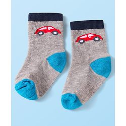 Cute Walk by Babyhug Knit Ankle Length Striped Socks With Vehicle Design Pack of 3 - Red Grey & Blue