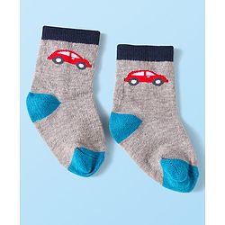 Cute Walk by Babyhug Knit Ankle Length Striped Socks With Vehicle Design Pack of 3 - Red Grey & Blue