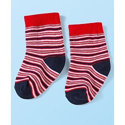 Cute Walk by Babyhug Knit Ankle Length Striped Socks With Vehicle Design Pack of 3 - Red Grey & Blue
