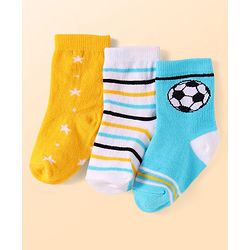 Cute Walk By Babyhug Anti-Bacterial Ankle Length Socks With Stripe & Star Design Pack Of 3 - Yellow & Light Blue
