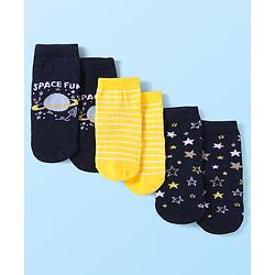 Cute Walk by Babyhug Knit Ankle Length Socks With Space Theme Design Pack of 3 - Yellow & Black