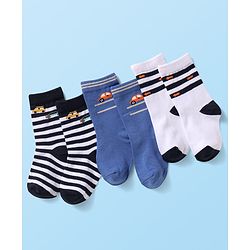 Cute Walk by Babyhug Knit Ankle Length Socks With Vehicle Design Pack of 3 - White Black & Blue