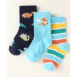 Cute Walk by Babyhug Knit Ankle Length Socks With Dino Design Pack of 3 - Light Blue & Black